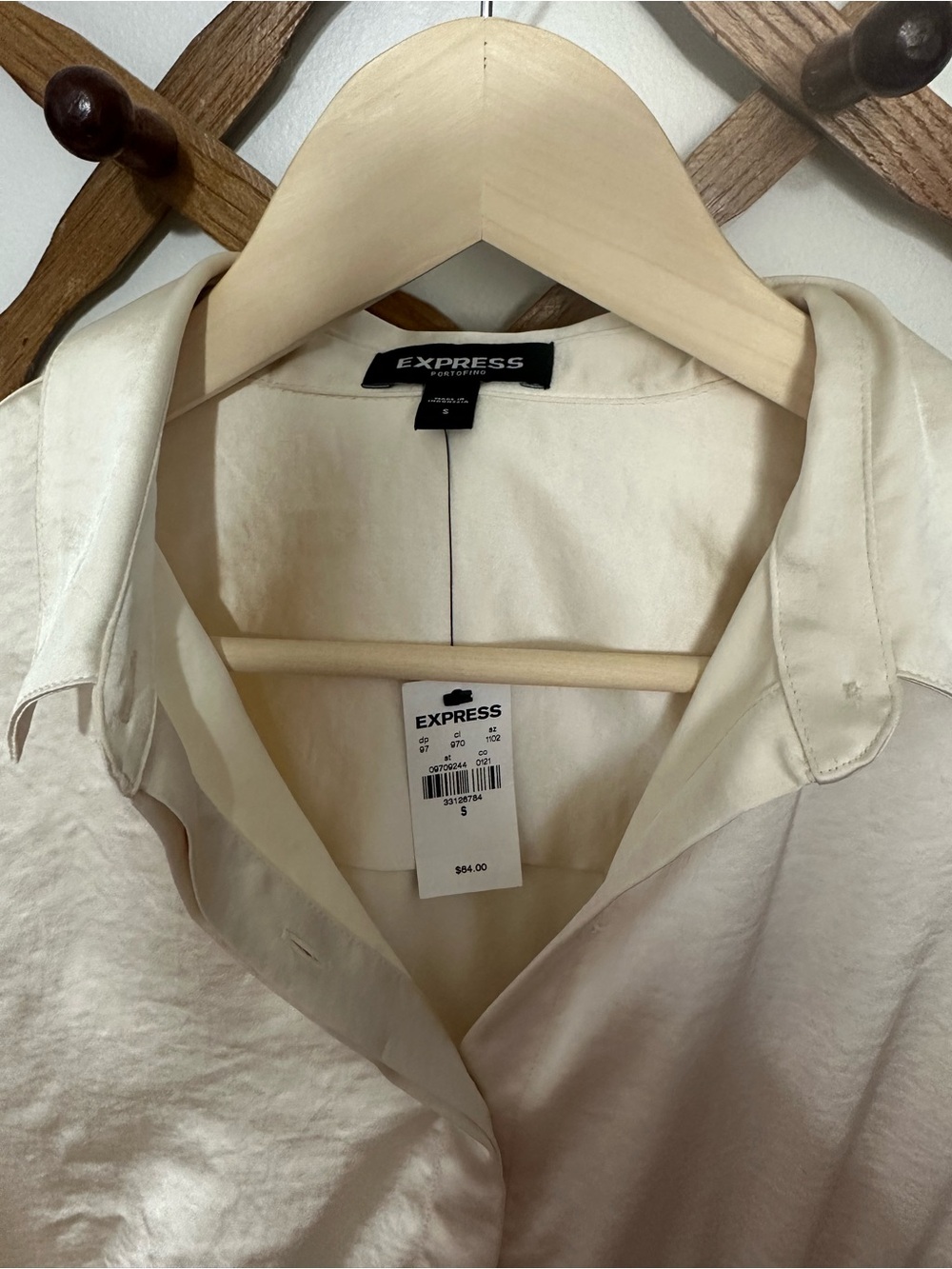 Express Cream Satin Tie Front Banded Bottom Portofino Blouse - Picture 3 of 6